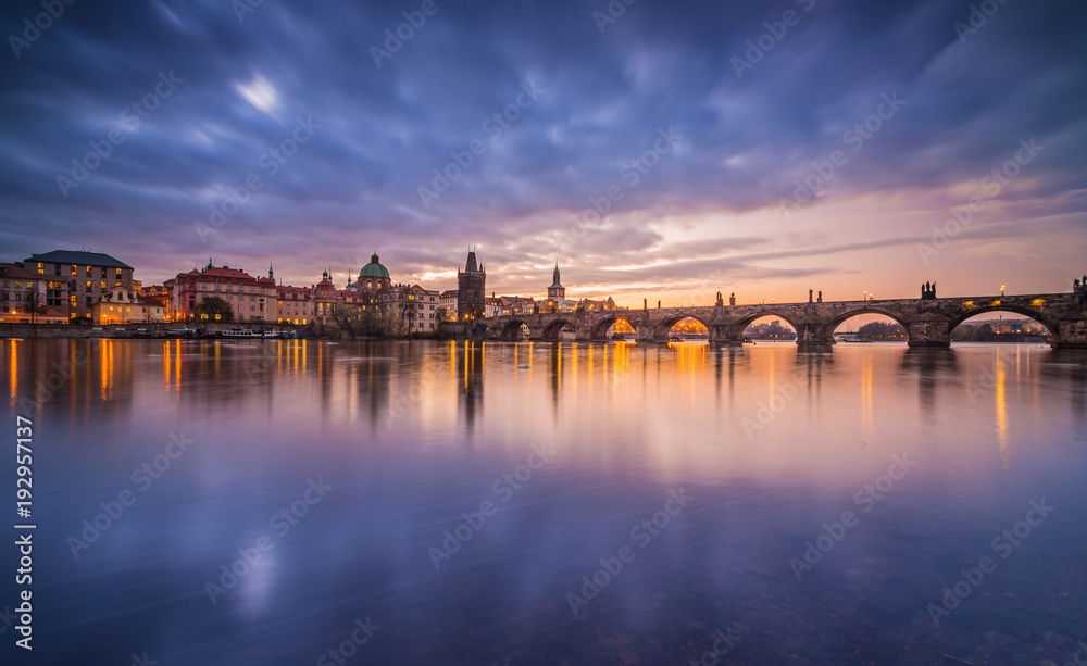 Charles bridge in Prague after sunset. Czech republic.