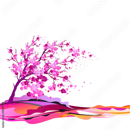 pink flowers tree, spring blossom,  on a white
