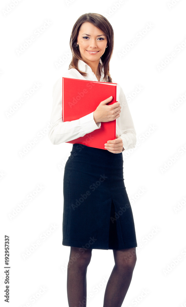 Full body of business woman with red folder, on white Full body of business woman with red folder, on white