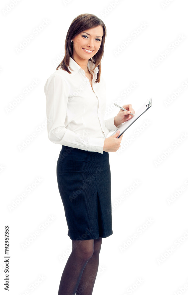 Businesswoman with clipboard writing, isolated Businesswoman with clipboard writing, isolated