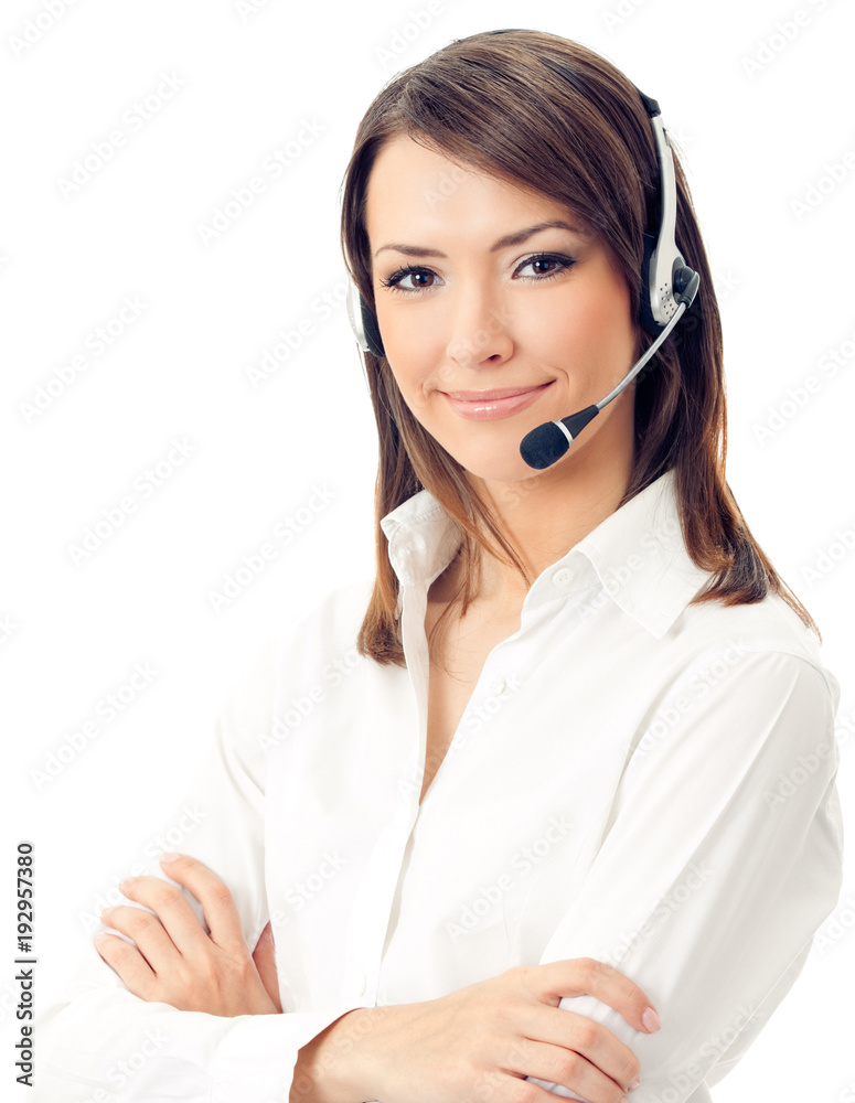 Portrait of happy smiling cheerful support phone operator in headset, isolated on white background Portrait of happy smiling cheerful support phone operator in headset, isolated on white background