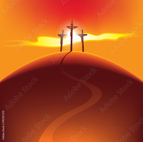 Vector banner for Easter or good Friday. Landscape with three crosses on a hill with a road with crucified people on the background of the rays of the setting sun