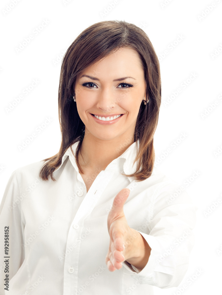 Portrait of happy smiling businesswoman, giving hand for handshake, isolated on white background Portrait of happy smiling businesswoman, giving hand for handshake, isolated on white background