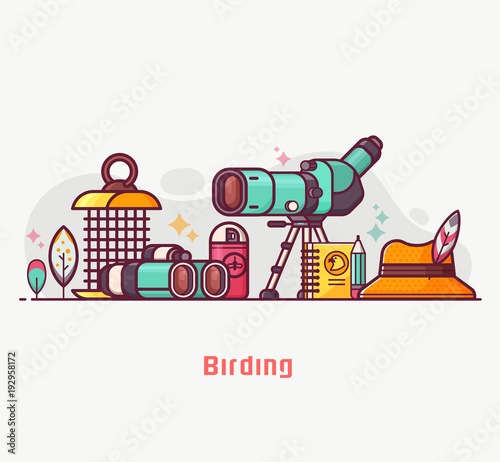 Birding lifestyle illustration with birdwatcher equipment and elements. Travel scope, binoculars, birder hat and feathers. Ornithology and birdwatching concept banner or background in flat design.