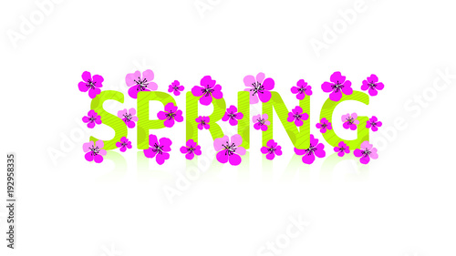 Bright sign. Green text "SPRING" and pink flowers. Cute vector seasonal illustration. Design floral concept can be used for poster, banner, t-shirt print, card, promotion flyer, backdrop, wallpaper