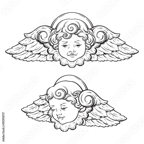 Cherub cute winged curly smiling baby boy angel set isolated over white background. Hand drawn design vector illustration