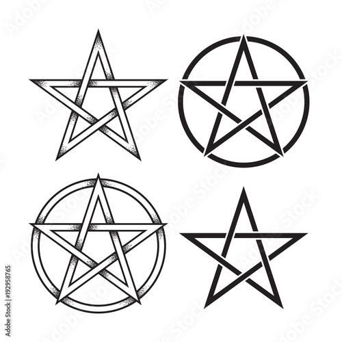 Set of pentagram or pentalpha or pentangle. Hand drawn dot work ancient pagan symbol of five-pointed star isolated vector illustration. Black work, flash tattoo or print design