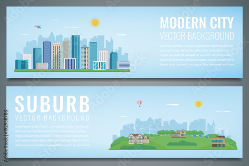 Two banners with City landscape and suburban landscape. Building architecture, cityscape town. Vector