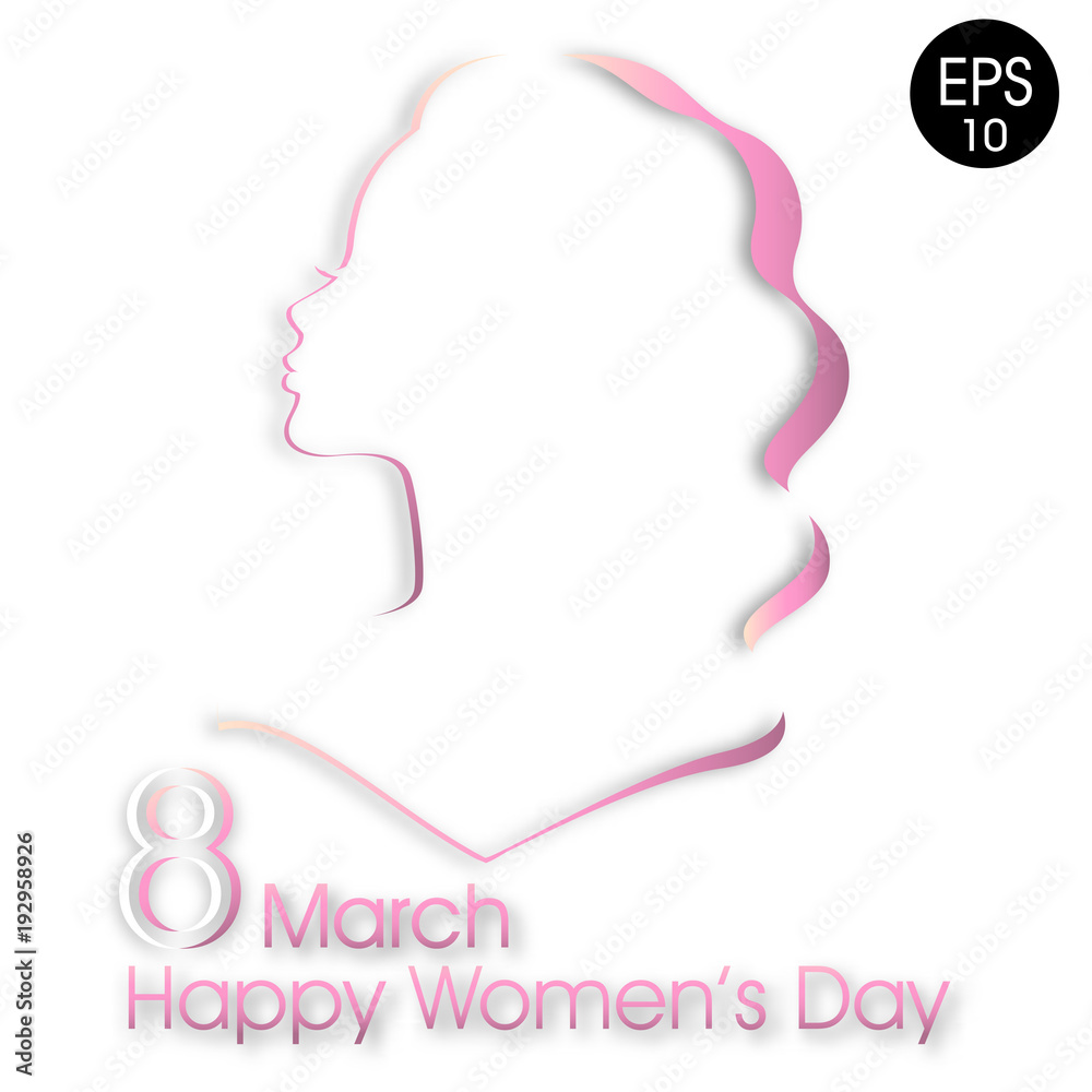 Happy Women's Day greeting card. Attractive pink women silhouette on white background with text 8 March women's day