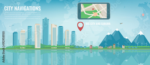 Smart city navigation. Big city and suburb. Tablet with city location. Modern city background. Vector