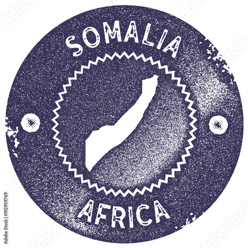 Somalia map vintage stamp. Retro style handmade label, badge or element for travel souvenirs. Deep purple rubber stamp with country map silhouette. Vector illustration.