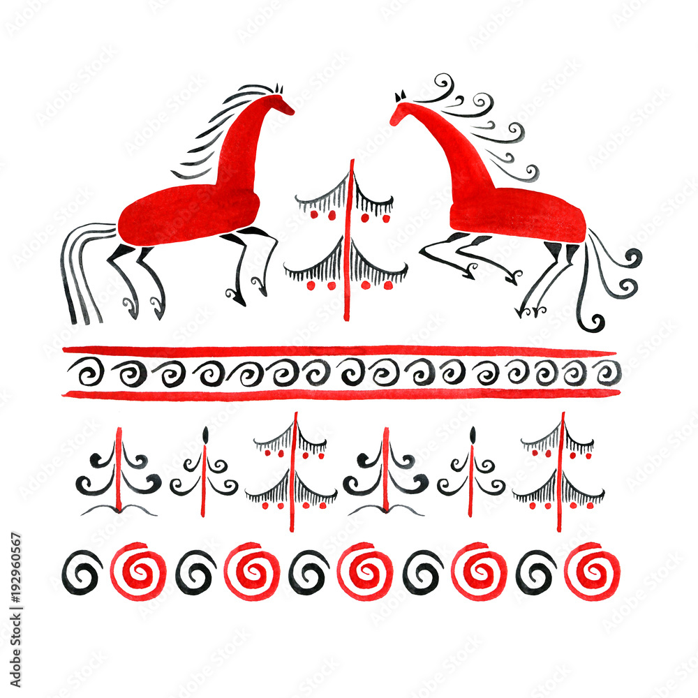 Obraz premium Watercolor illustration of a traditional painting with deer Mezen.
