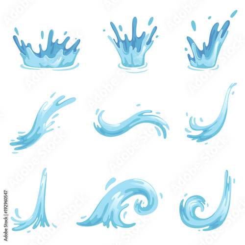 Set of blue waves and water splashes, wavy symbols of nature in motion vector Illustrations