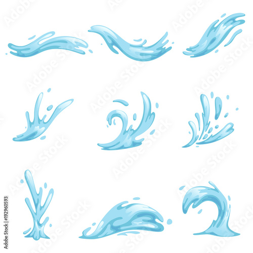 Blue waves and water splashes set, wavy symbols of nature in motion vector Illustrations