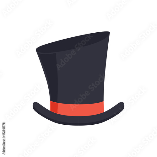 Magic top hat, gentleman hat cylinder with red ribbon, masquerade decor, carnival headdress element cartoon vector Illustration on a white background