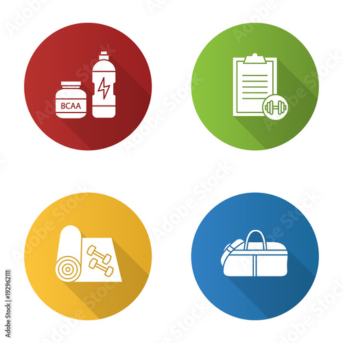 Fitness flat design long shadow glyph icons set