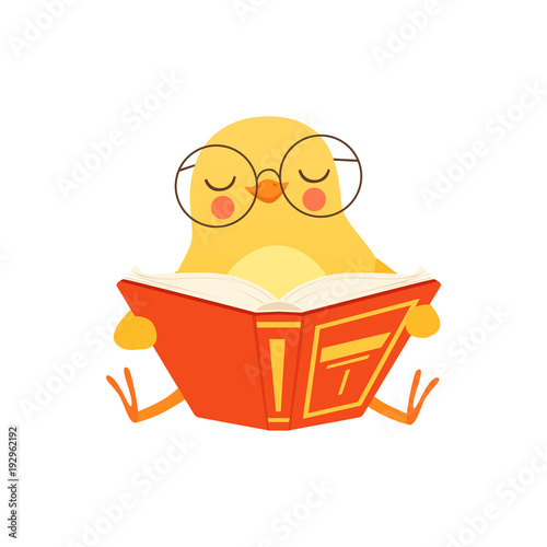 Cute baby chicken in glasses sitting on the floor and reading a book, funny cartoon bird character vector Illustration on a white background