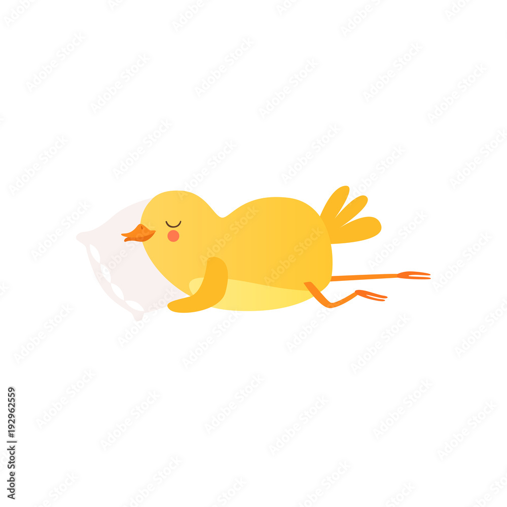 Cute baby chicken sleeoing on pillow, funny cartoon bird character vector Illustration on a white background Cute baby chicken sleeoing on pillow, funny cartoon bird character vector Illustration on a white background