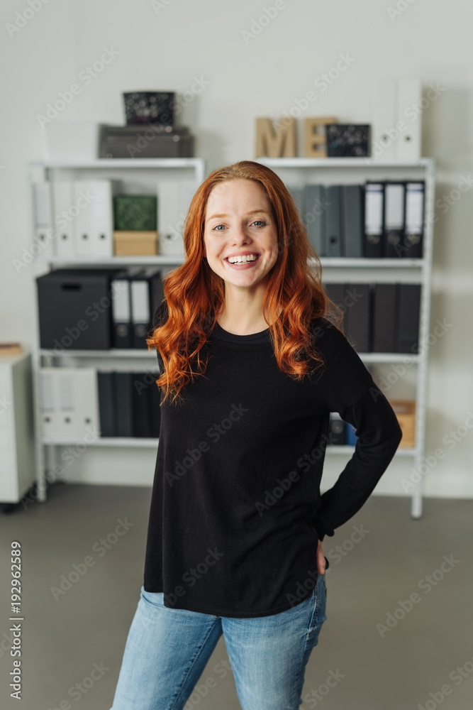 Happy friendly young woman in jeans Happy friendly young woman in jeans