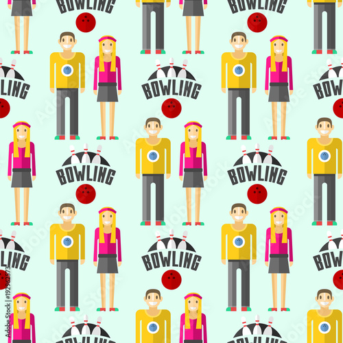 Vector colorful bowling seamless pattern background sport strike pin symbol ball skittle game equipment illustration.