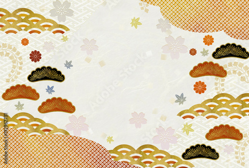 華やかな和風背景　和紙　和柄　青海波　松　桜