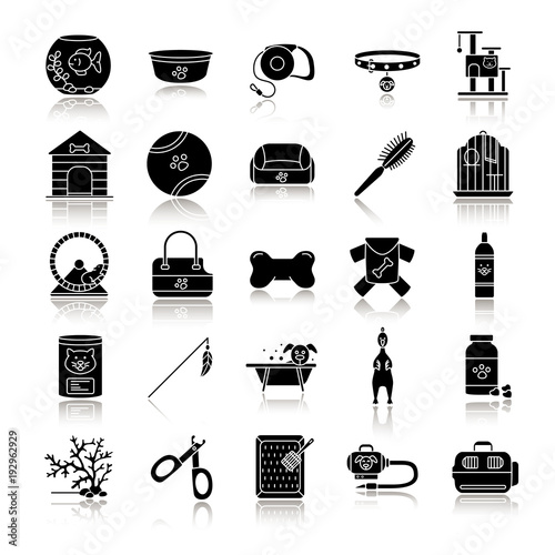 Pets supplies drop shadow black glyph icons set