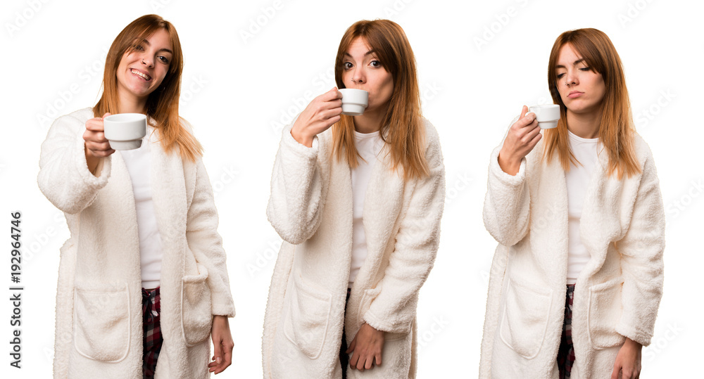 Set of Young woman in dressing gown holding a cup of coffee Set of Young woman in dressing gown holding a cup of coffee