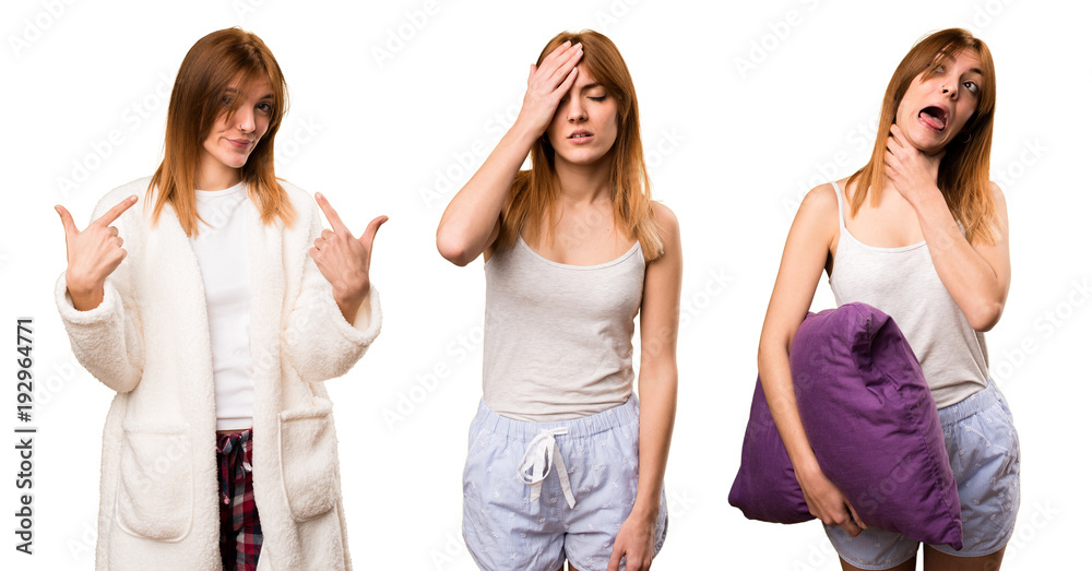 Set of Frustrated beautiful girl in pajamas Set of Frustrated beautiful girl in pajamas