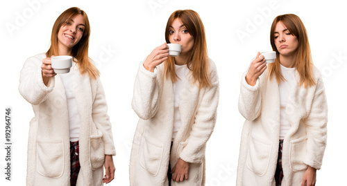 Set of Young woman in dressing gown holding a cup of coffee