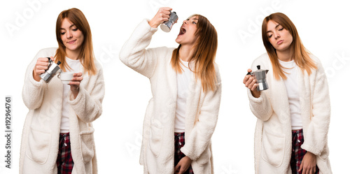 Set of Young woman in dressing gown holding a coffee pot
