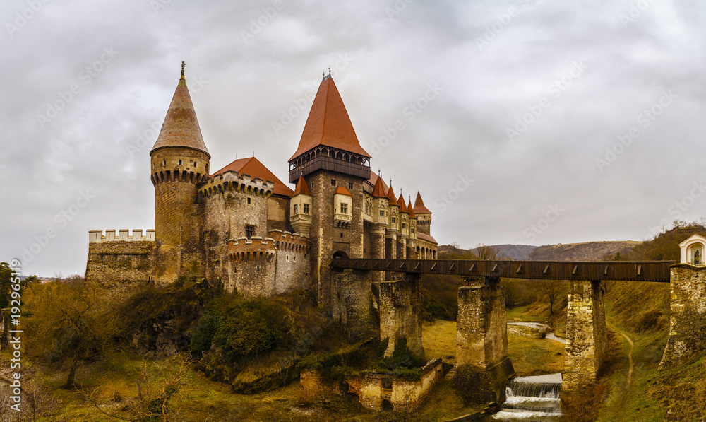 landscape with the Corvin Castle in Romania