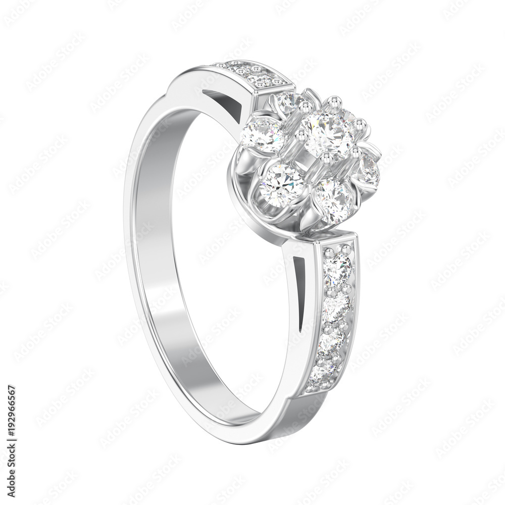 3D illustration isolated white gold or silver decorative flower diamond ring