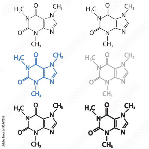 Caffeine molecular structural chemical formula set. Vector icon.