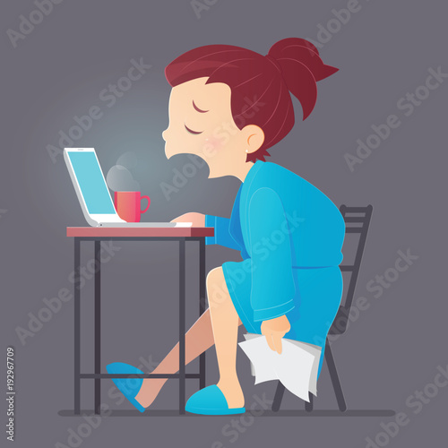 Sleepy exhausted woman working at Home with her laptop, Vector and Illustration, Sleep deprivation and overtime working concept