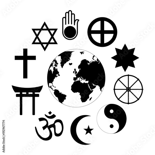 World Religions Planet Earth Flower World religions - flower icon made of religious symbols and planet earth in center. photo