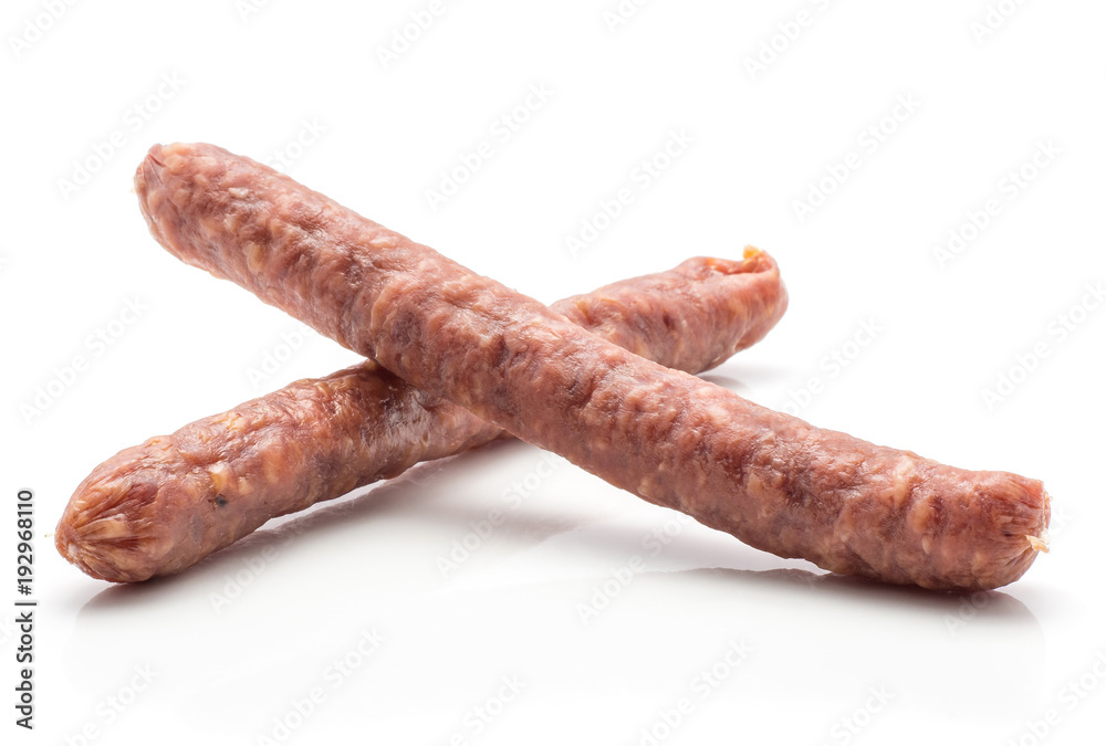 Hungarian dry sausages pepperoni isolated on white background two smoked in natural casing mixed pork beef. Hungarian dry sausages pepperoni isolated on white background two smoked in natural casing mixed pork beef.