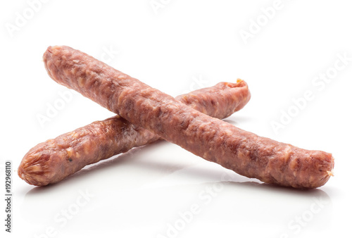Hungarian dry sausages pepperoni isolated on white background two smoked in natural casing mixed pork beef.