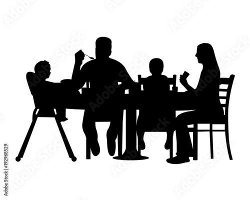 Silhouette of a home scene were a family enjoy their lunch or dinner, one in the series of similar images