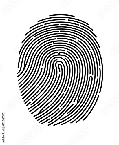 Black fingerprint shape, secure identification. Vector illustration.
