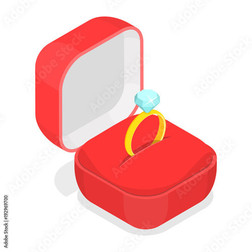 Wedding ring in the box isometric vector illustration.
