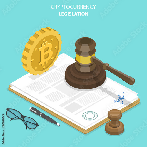 Cryptocurrency legislation flat isometric vector concept. Signed document with bitcoin and gavel on it.