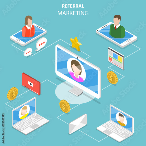 Flat isometric vector concept of network and affiliate marketing, referral program strategy, business partnership.