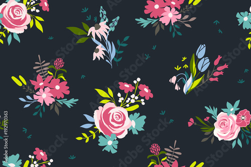 Dark seamless flower pattern. Vector floral background