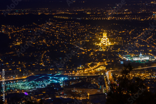 Night view to the Tbilisi city center with Holy Trinity Cathedral and presedential palace, Georgia © vadim.nefedov