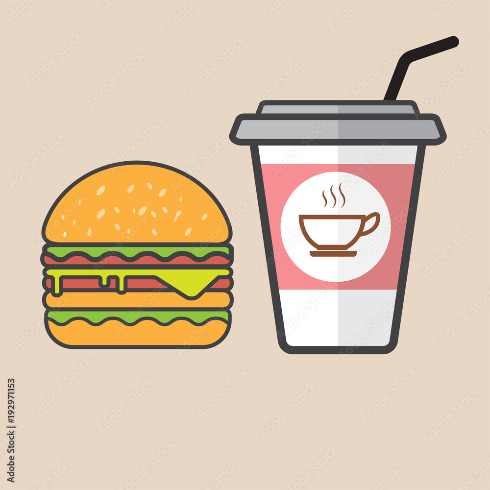 Hamburger and red paper cup drink. Hamburger and red paper cup drink.