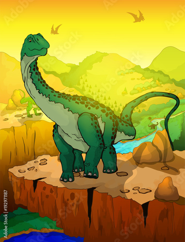 Cute cartoon Diplodocus with landscape background. Vector illustration of a cartoon dinosaur.
