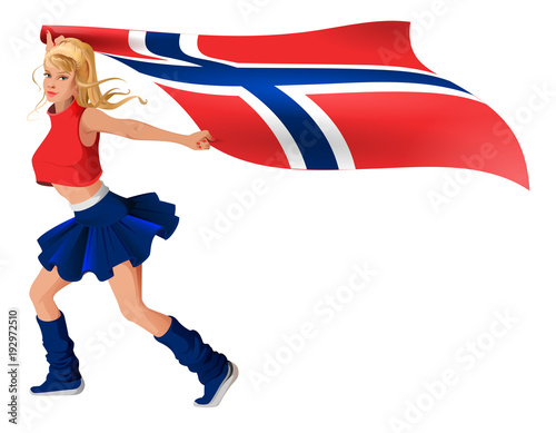 Blonde girl fan holding flag of Norway