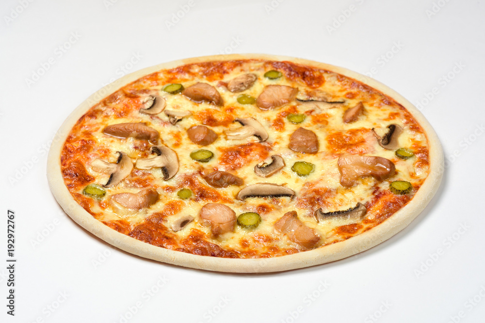 Pizza with chicken, gherkins and cheese on a white background