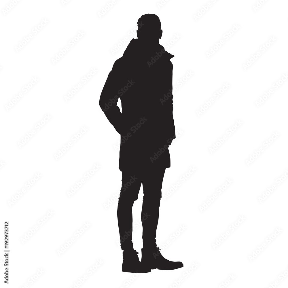Standing man in jacket, isolated vector silhouette