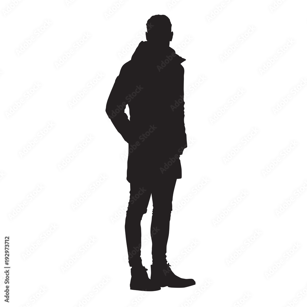 Standing man in jacket, isolated vector silhouette Standing man in jacket, isolated vector silhouette